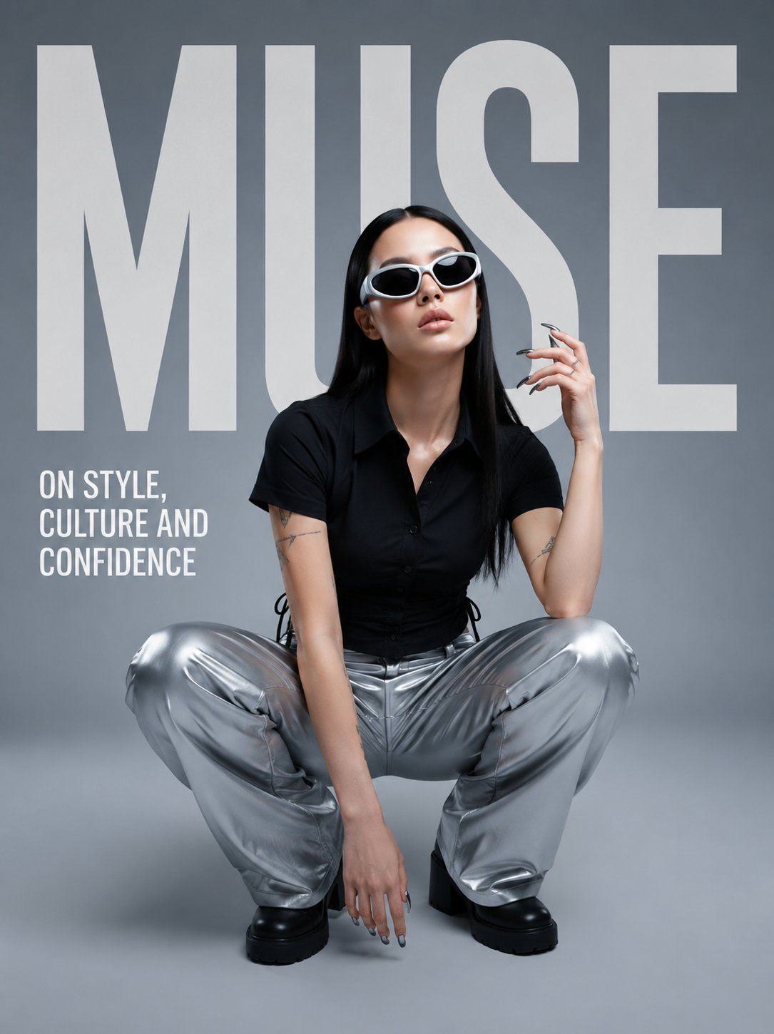 Fashion editorial poster with a woman in sunglasses, silver trousers, and oversized MUSE typography