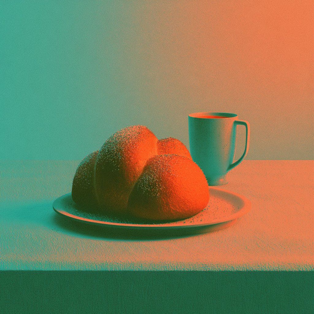 Teal and coral hazy still life with fruit and a cup