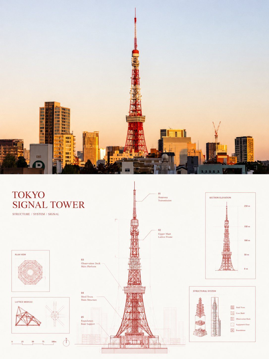 Split editorial poster pairing a Tokyo Tower photograph with a red transparent structural blueprint and technical annotations