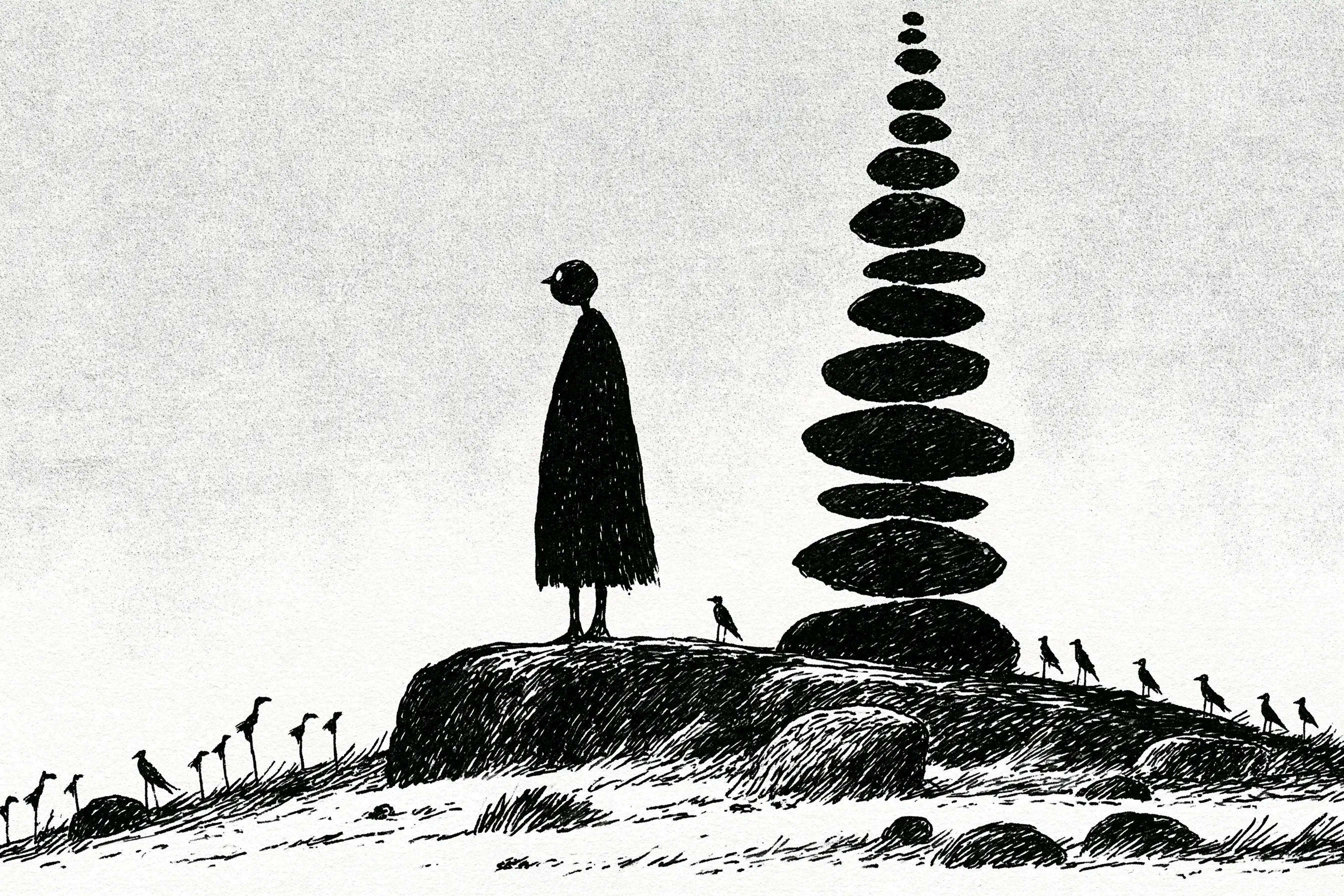 Minimal black ink landscape with a small cloaked figure beside a towering stack of rounded stones