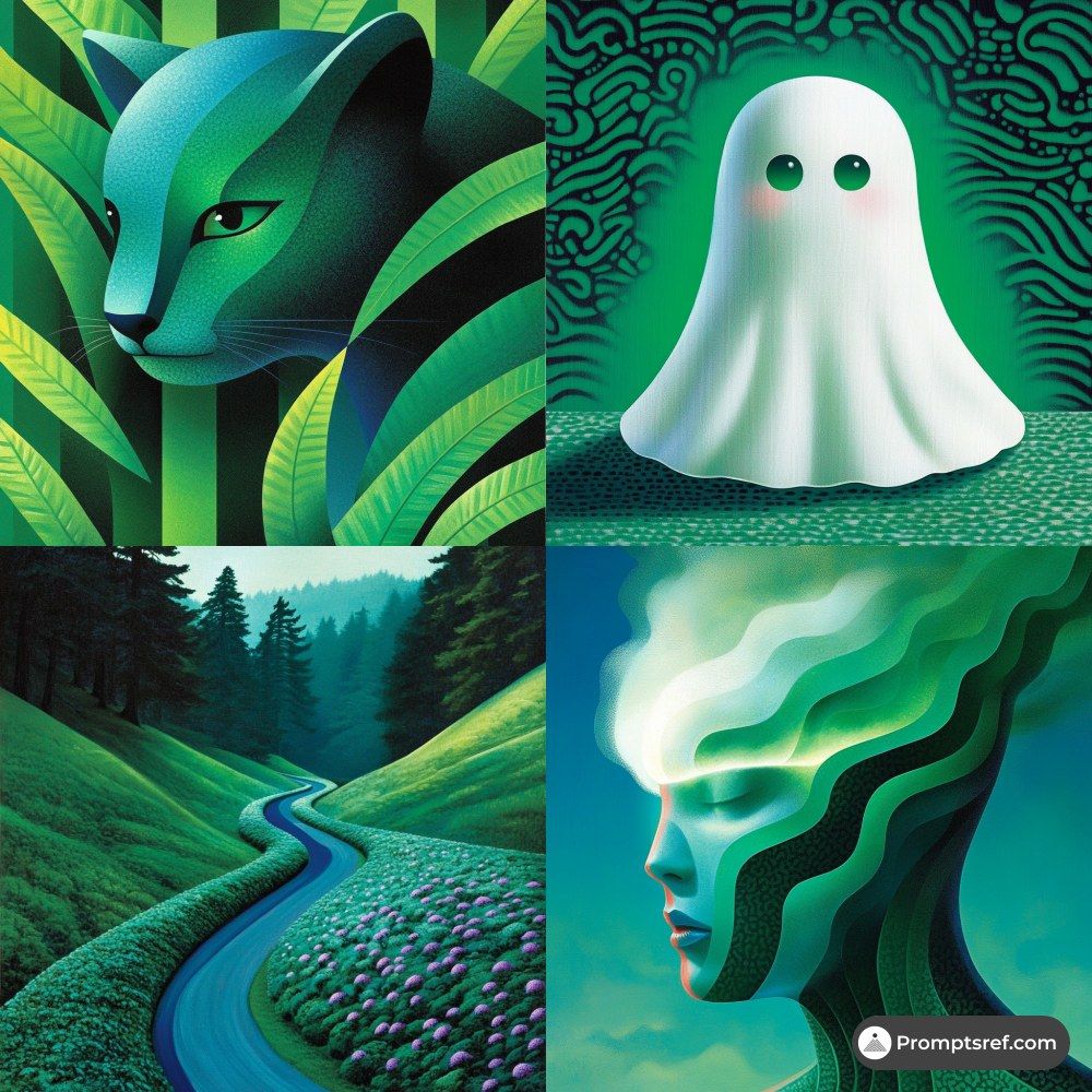 Dreamy green style collage with a geometric panther, ghost, forest road, and surreal profile portrait