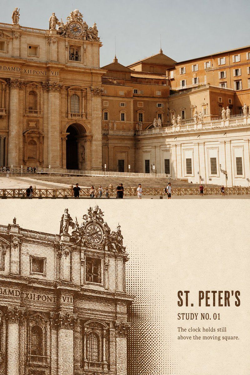 St Peter's facade and visitors in a photograph above a brown architectural halftone study