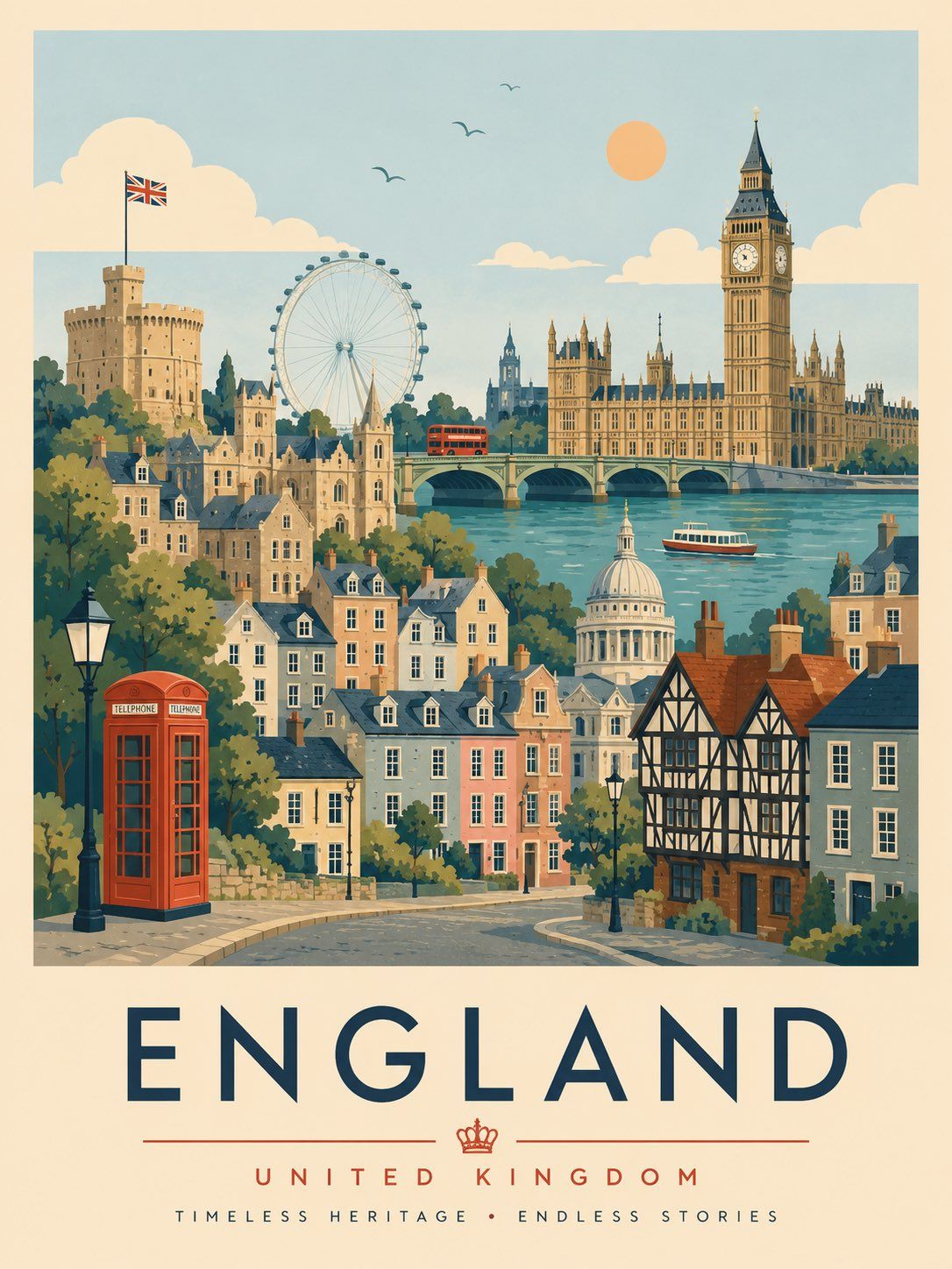 Pastel vintage England travel poster with London landmarks, historic houses, and a red phone box