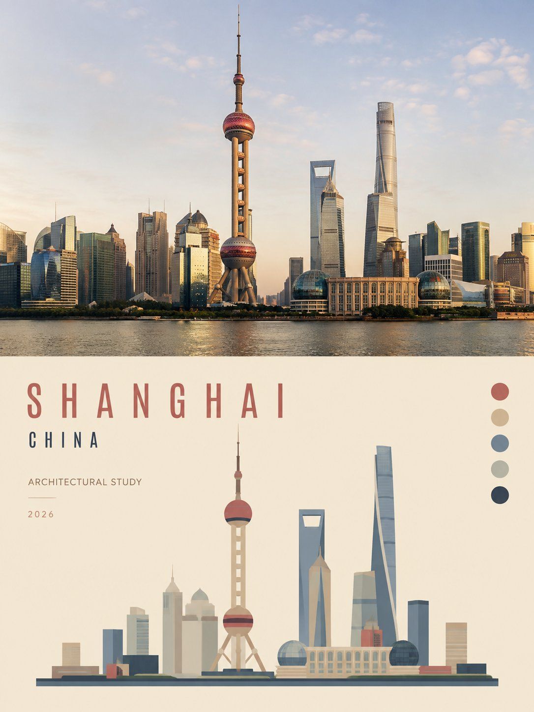 Shanghai skyline photograph above a flat geometric illustration of the same landmarks