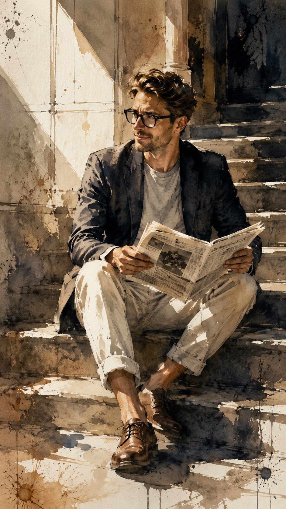 Watercolor and ink illustration of a bespectacled man reading a newspaper on sunlit stone steps