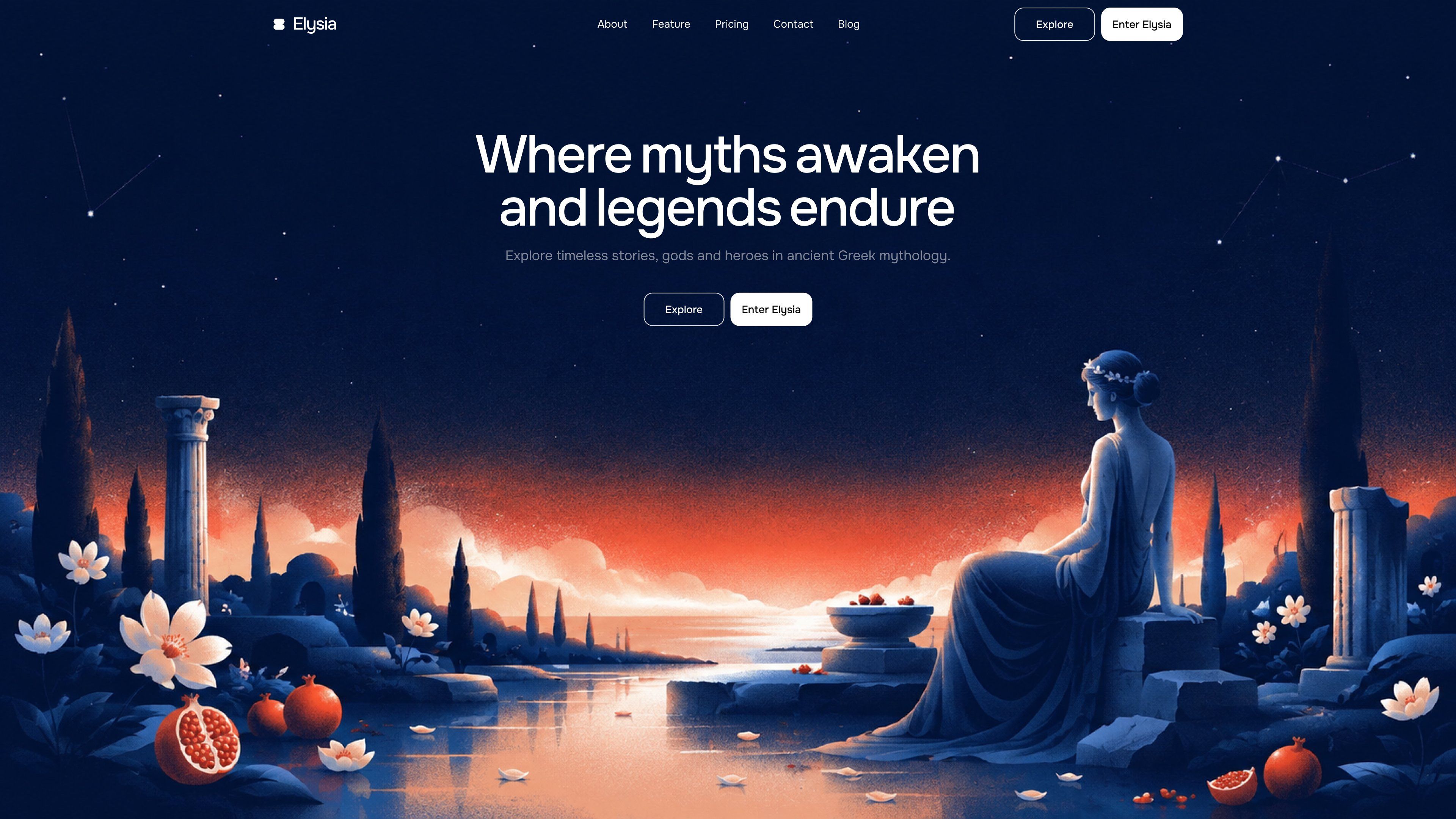 Persephone website hero illustration with pomegranates, flowers, ruins, and a coral horizon beneath a midnight sky