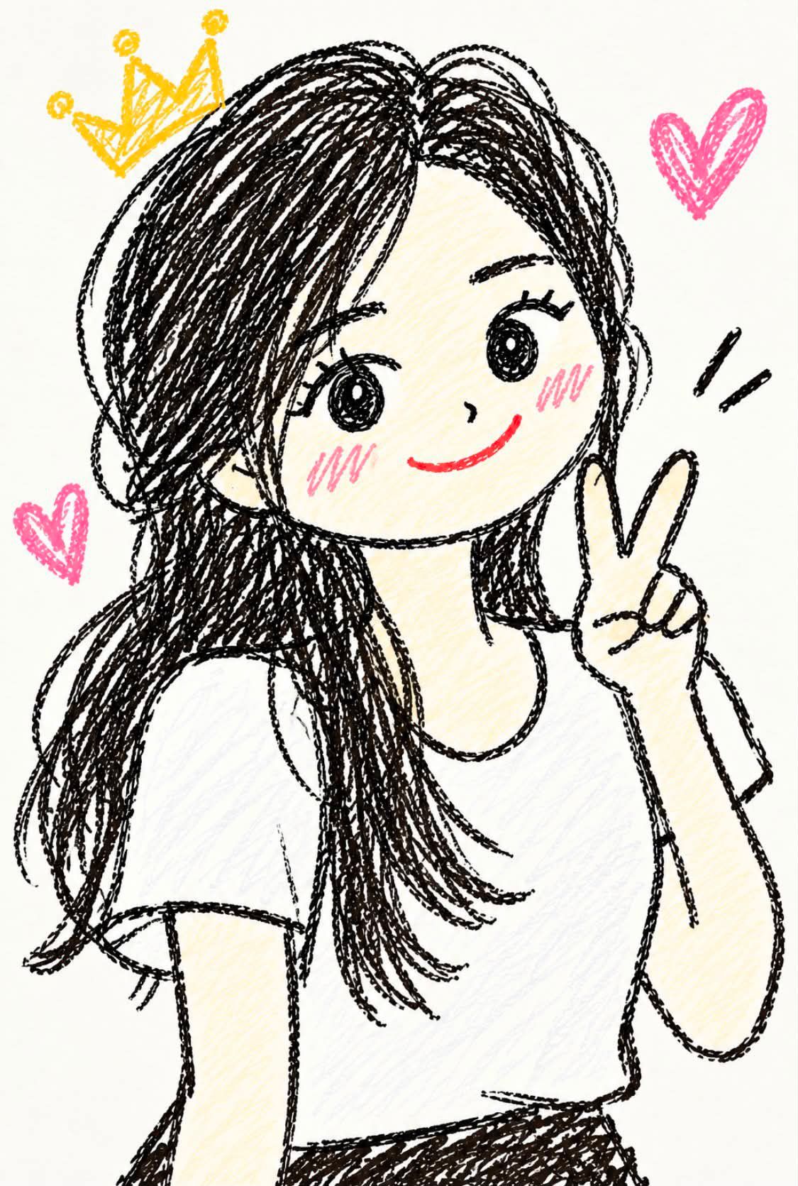 Cute hand-drawn doodle portrait of a smiling woman making a peace sign with pink hearts and a yellow crown