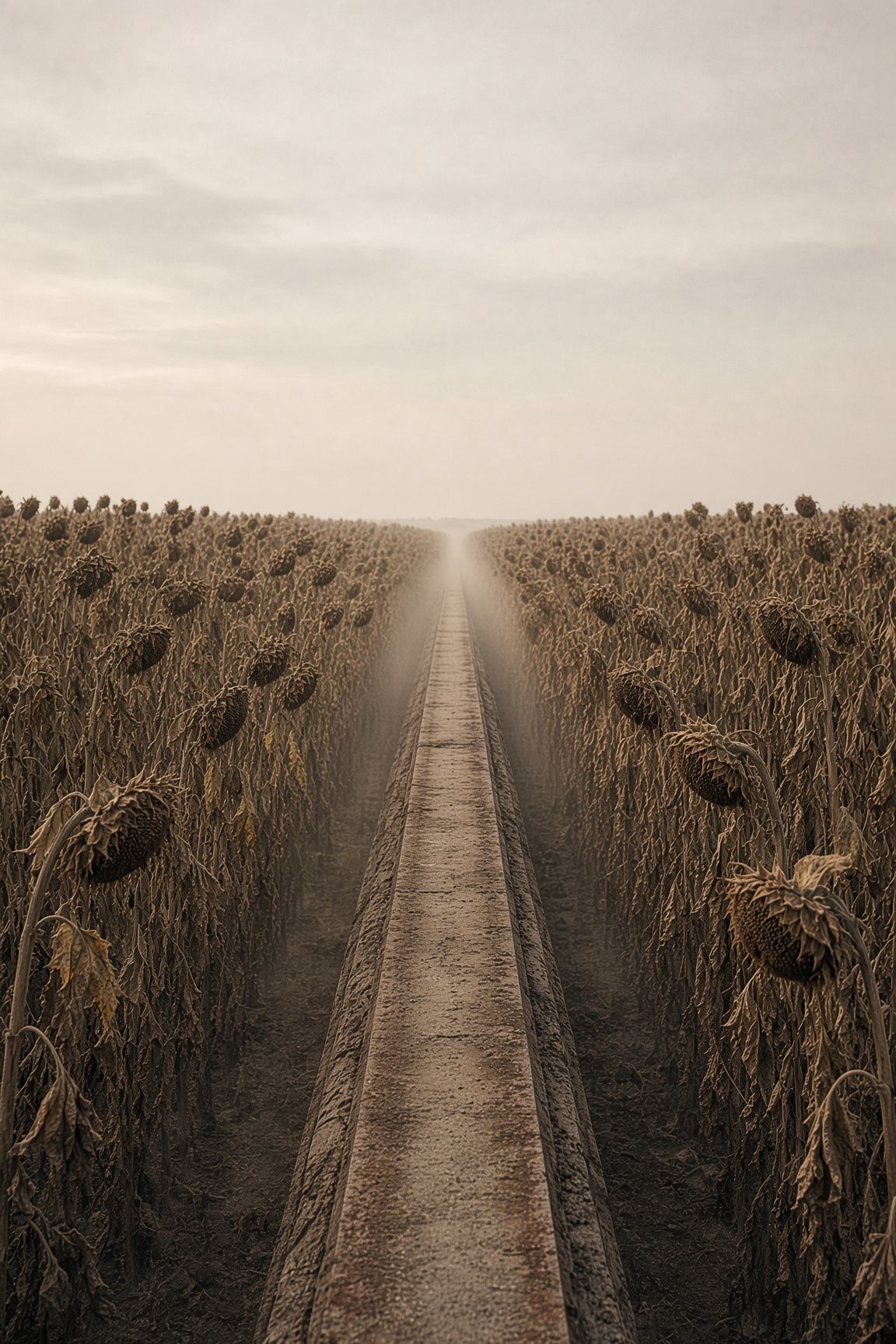 Abandoned elevated monorail track vanishing through a dense field of dry sunflowers under a hazy sky