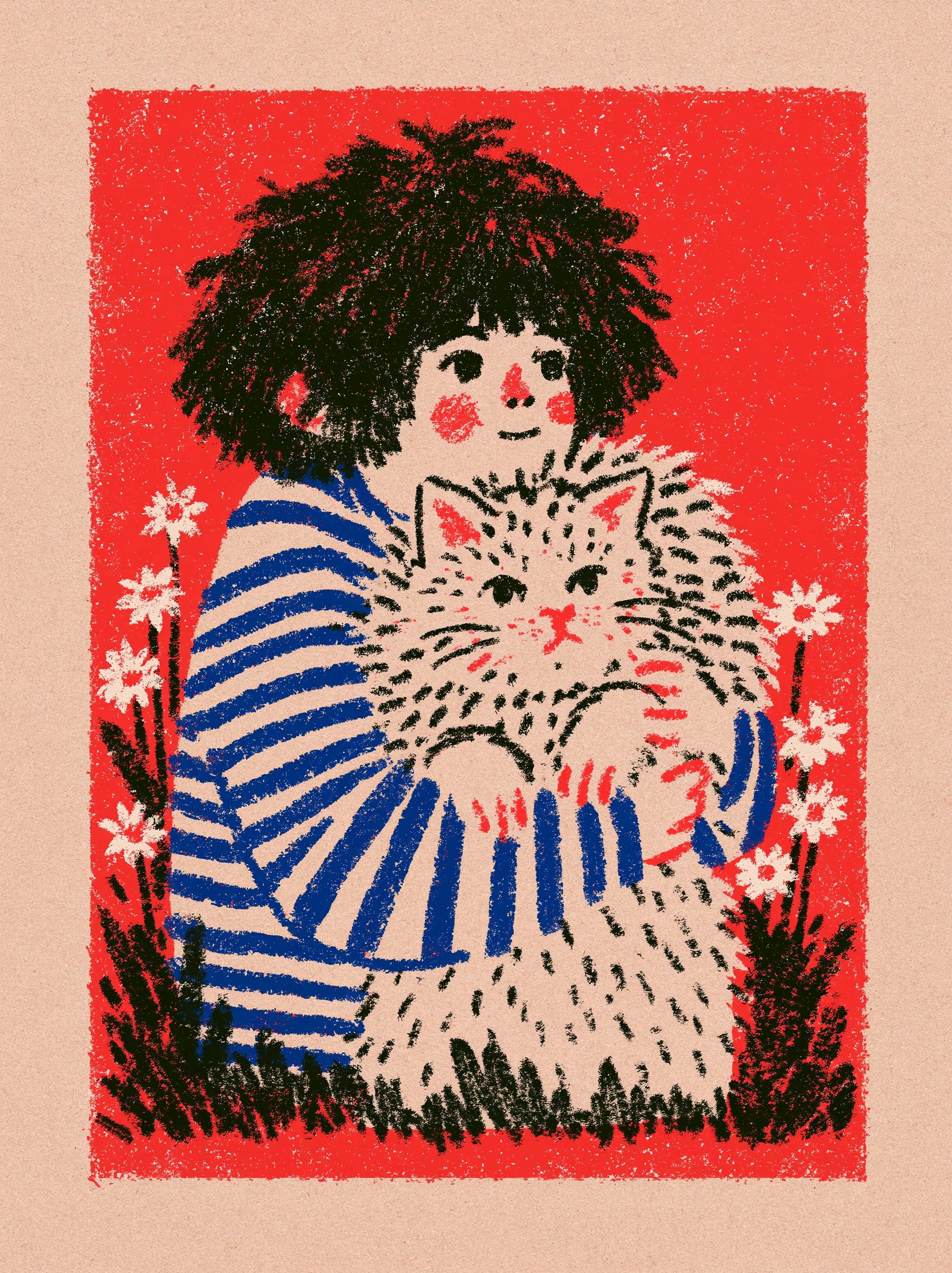 Textured red crayon folk illustration of a striped-shirt character holding a fluffy cat