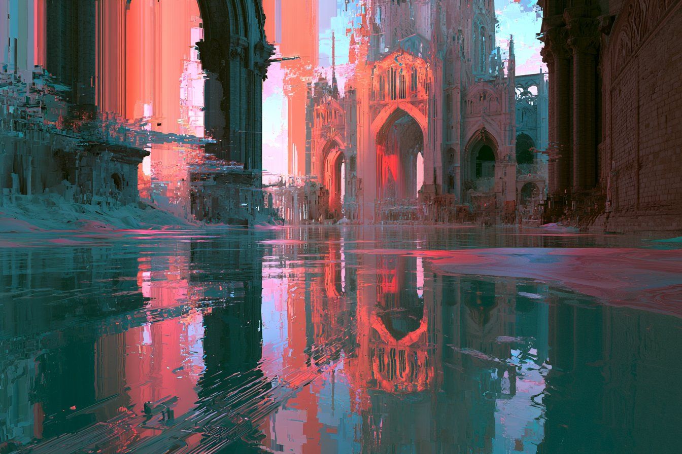 Glitched sunken cathedral reflected in seafoam, dusty rose, and periwinkle water