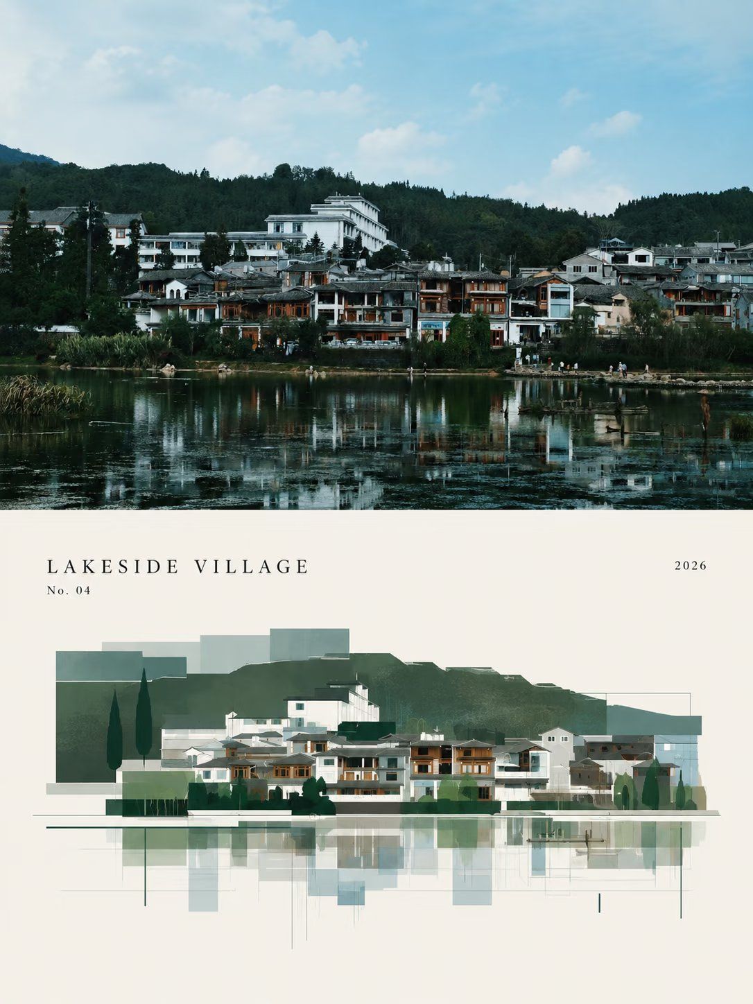 Vertical split editorial poster pairing a lakeside village photograph above with a minimal geometric abstraction below