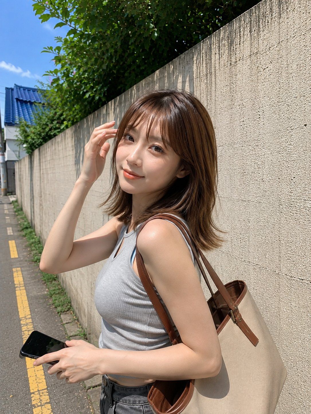 Candid young East Asian woman smiling beside a sunlit concrete wall with a tote bag and phone