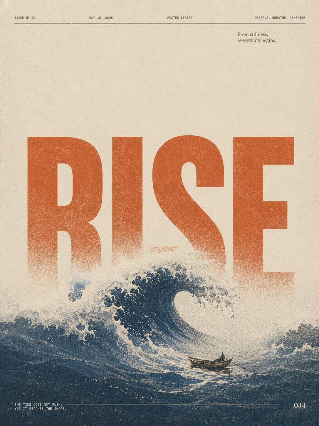 Conceptual retro RISE poster with monumental orange typography above a tiny boat facing a blue wave