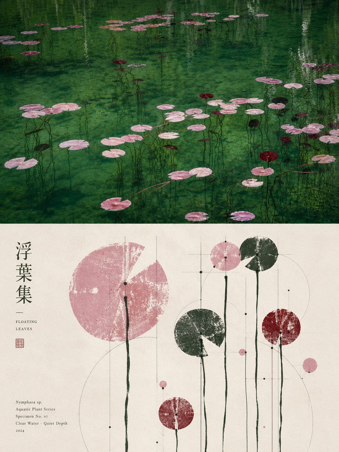 Lotus pond photograph paired with a geometric folk-rubbing poster interpretation