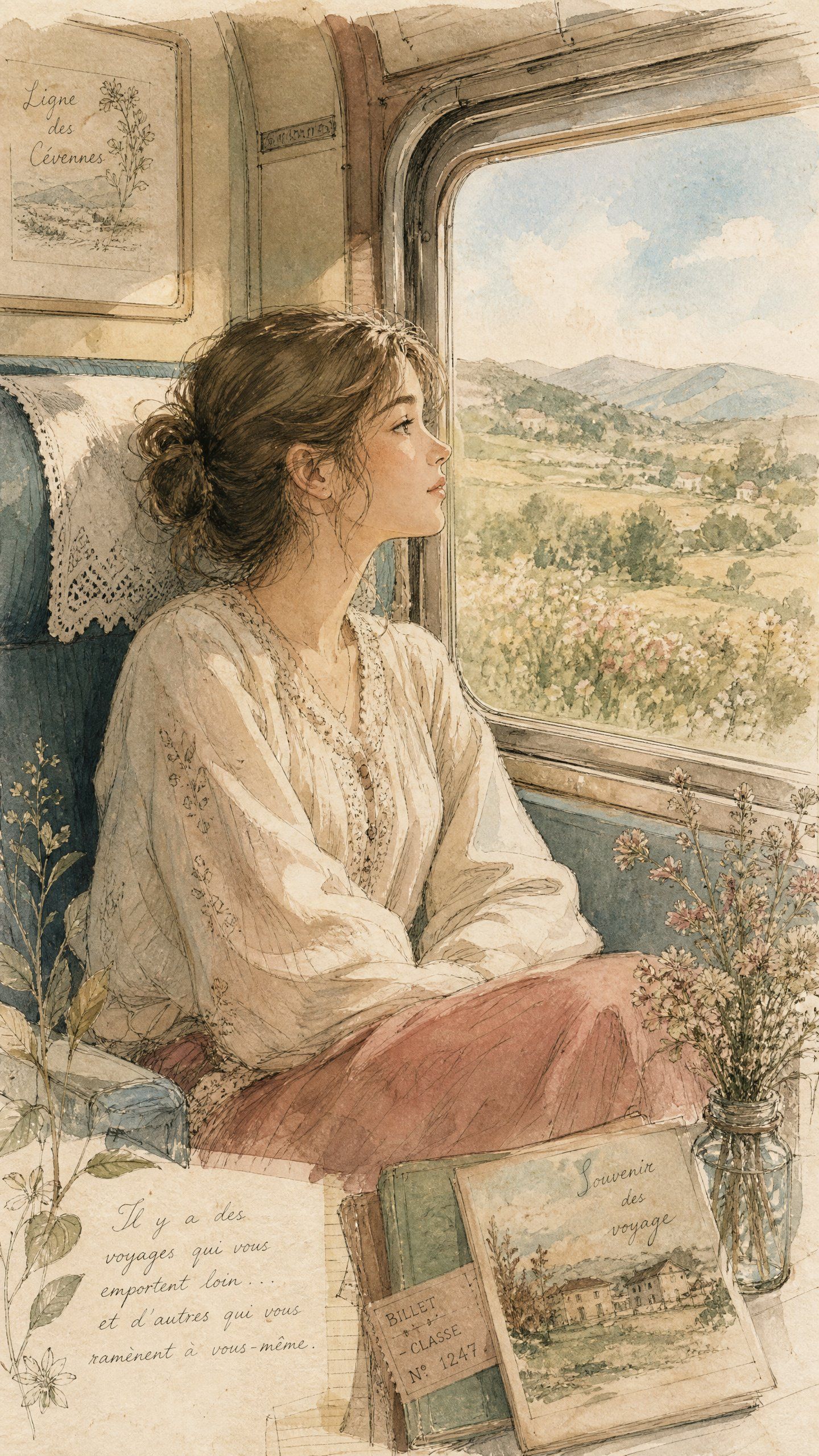 Woman seated on a train looking through a window over a pastel countryside