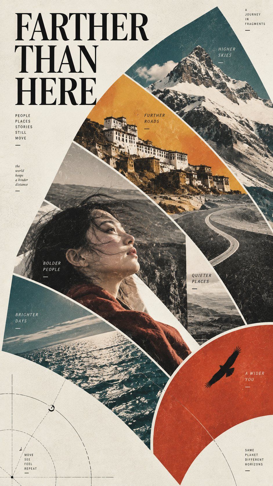 FARTHER THAN HERE travel collage poster with layered fan-shaped mountain, road, ocean, and portrait photography