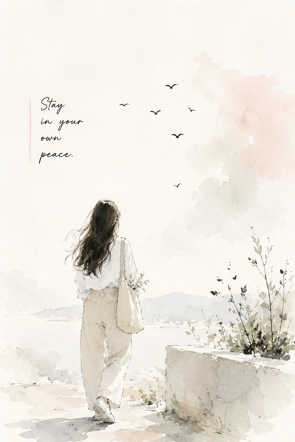 Minimal watercolor-and-ink poster of a woman walking toward a pale coastal landscape beneath birds and handwritten text