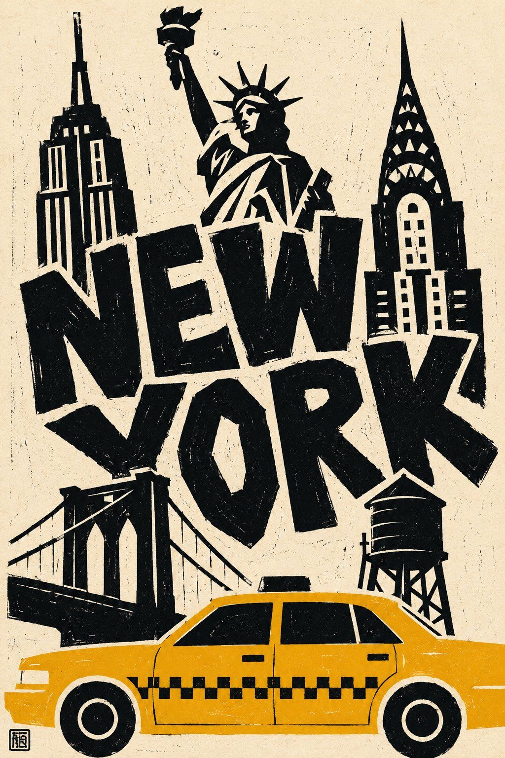 Linocut New York travel poster with landmark silhouettes, oversized lettering, and a yellow taxi