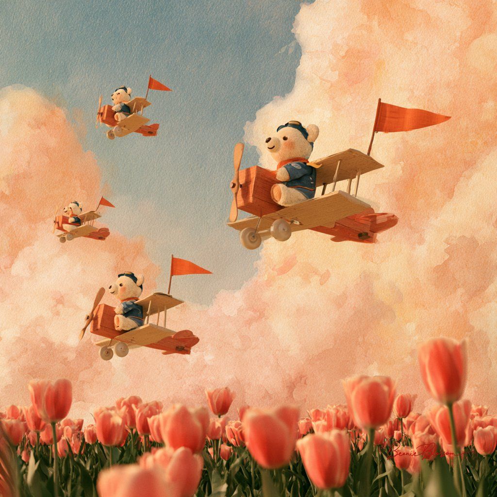 Watercolor toy planes carrying teddy bear pilots above a warm tulip field