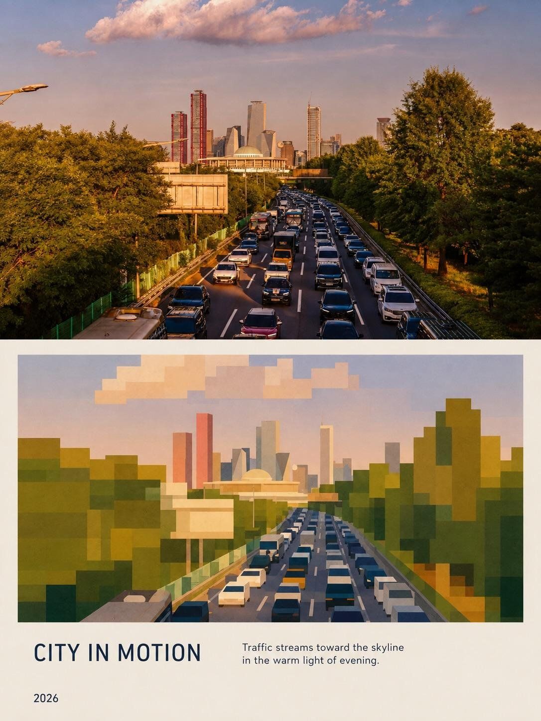 Editorial city poster pairing a golden-hour highway traffic photograph with its muted geometric block-art reinterpretation