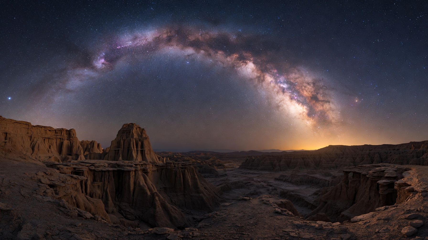 Milky Way arching over sculpted desert badlands beneath a star-filled night sky