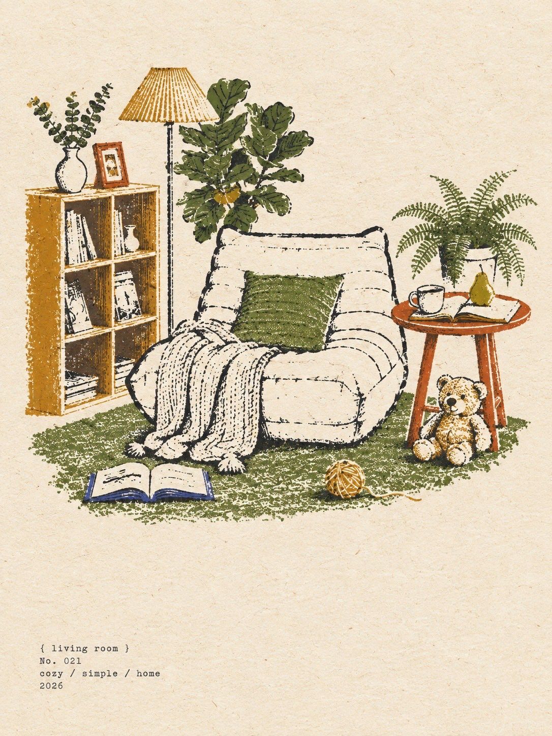 Vintage printed reading nook with a cream armchair, green cushion, bookshelf, houseplants and teddy bear