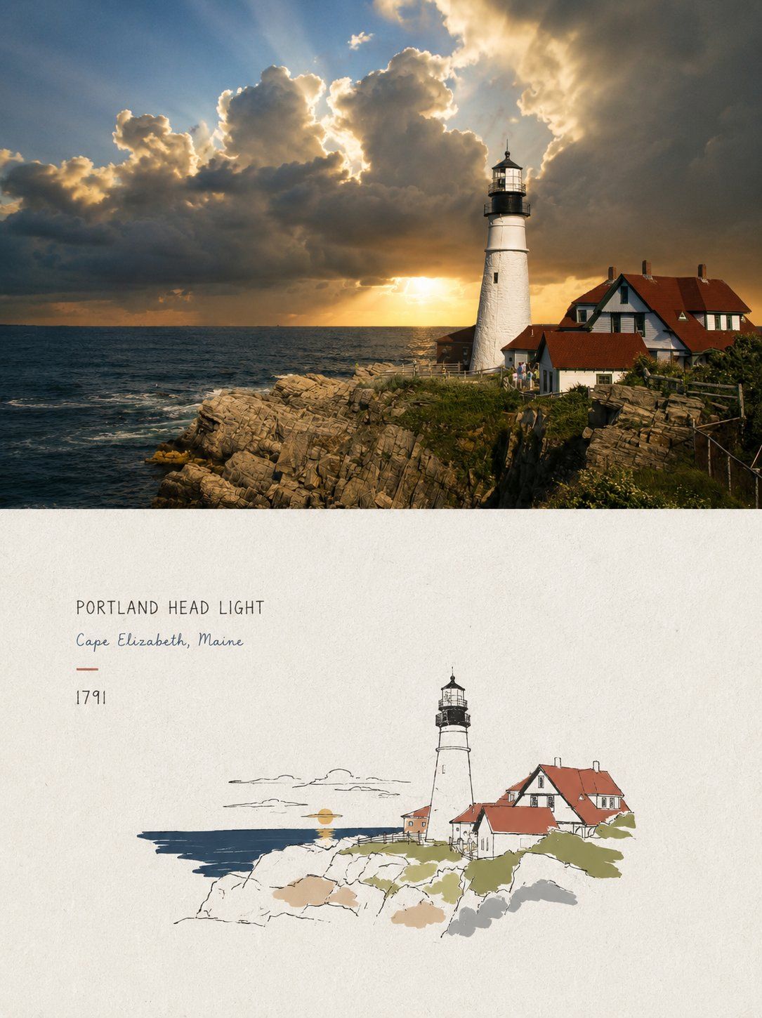 Split poster pairing a lighthouse photograph under dramatic clouds with a minimal acrylic-style lighthouse illustration on textured white paper