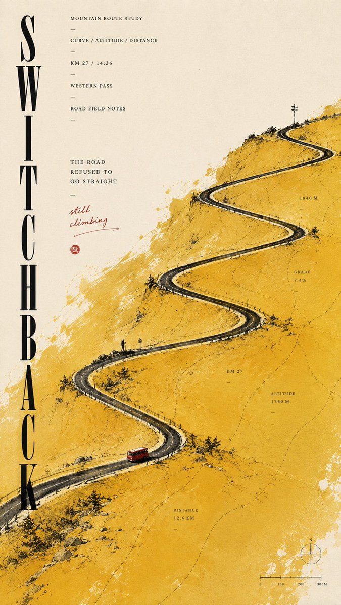 Minimalist SWITCHBACK editorial poster with a winding mountain road over a huge saffron-yellow textured color field
