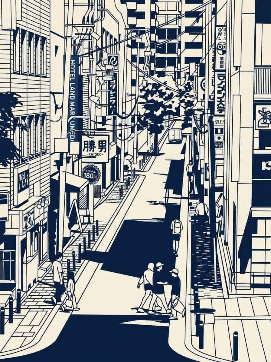 Navy and ivory line-art illustration of a narrow Japanese street with dense buildings, overhead cables, signs and pedestrians