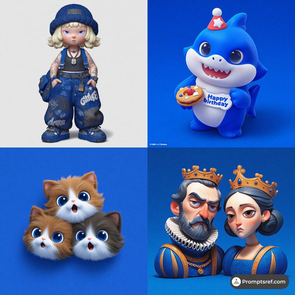 Klein blue art-toy collage with a chibi girl, birthday shark, kittens, and royal characters