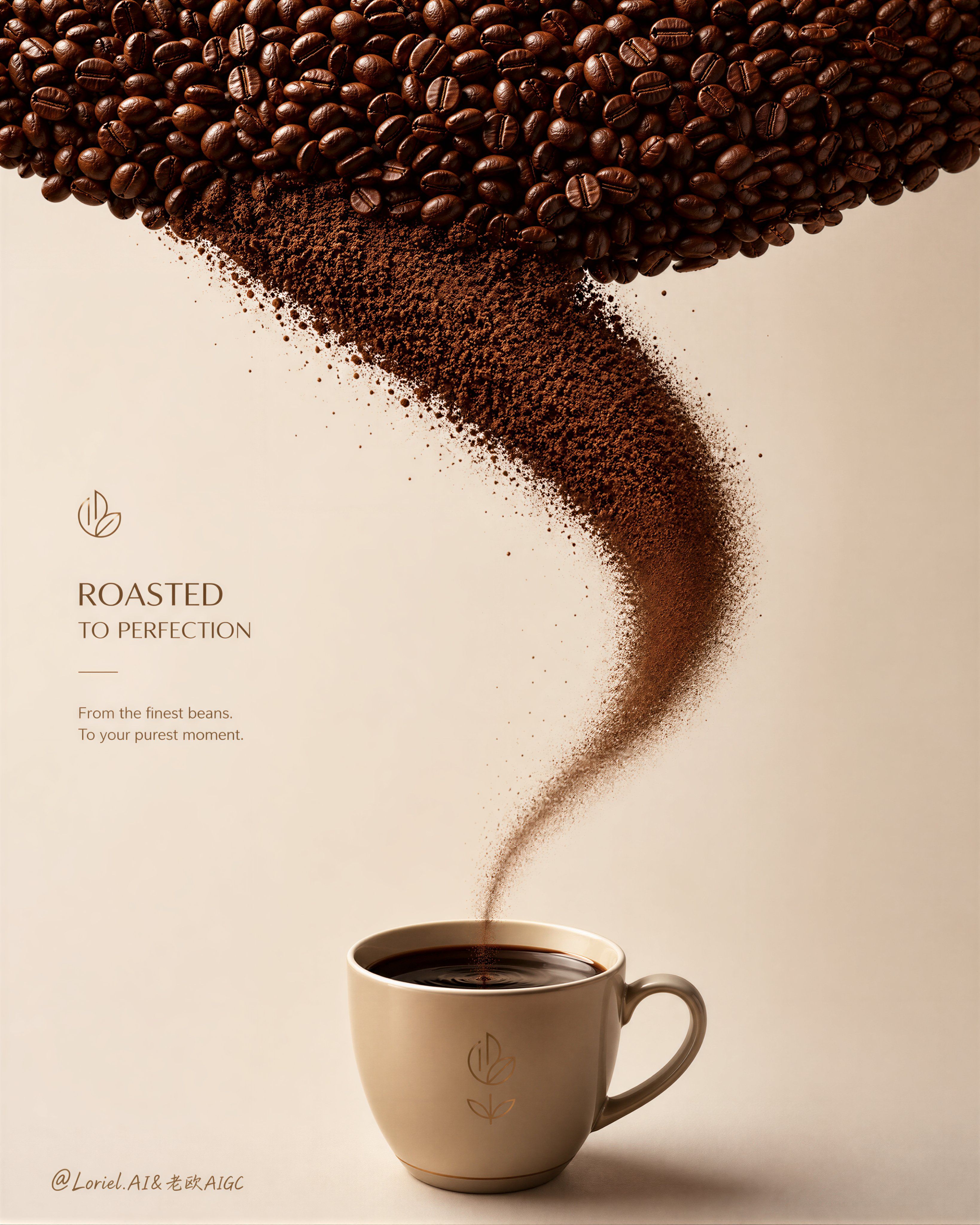 Minimalist premium coffee advertisement with a roasted-bean canopy tapering into a curved stream of grounds above a filled ceramic cup