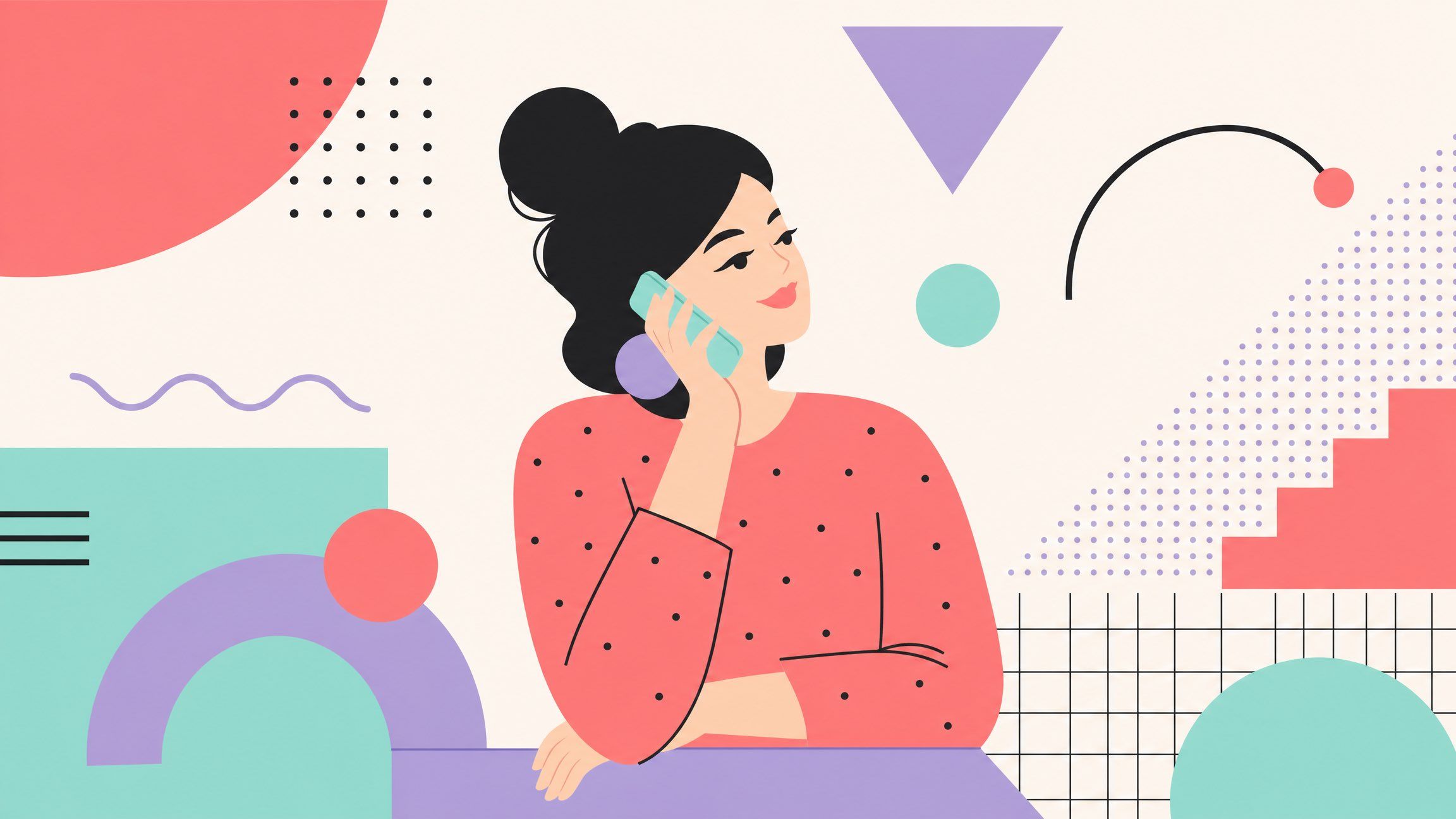 Memphis-style vector illustration of a woman talking on a phone amid coral, mint, lavender, and black geometric forms