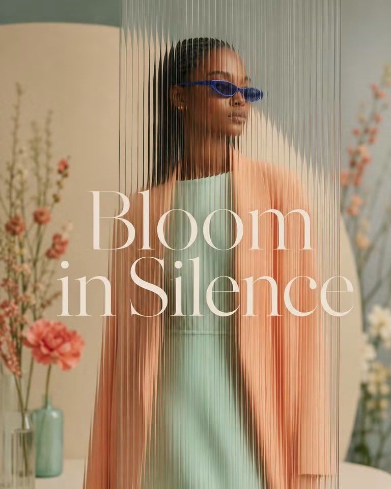 Pastel fashion advertisement of a woman in blue sunglasses distorted through corrugated glass