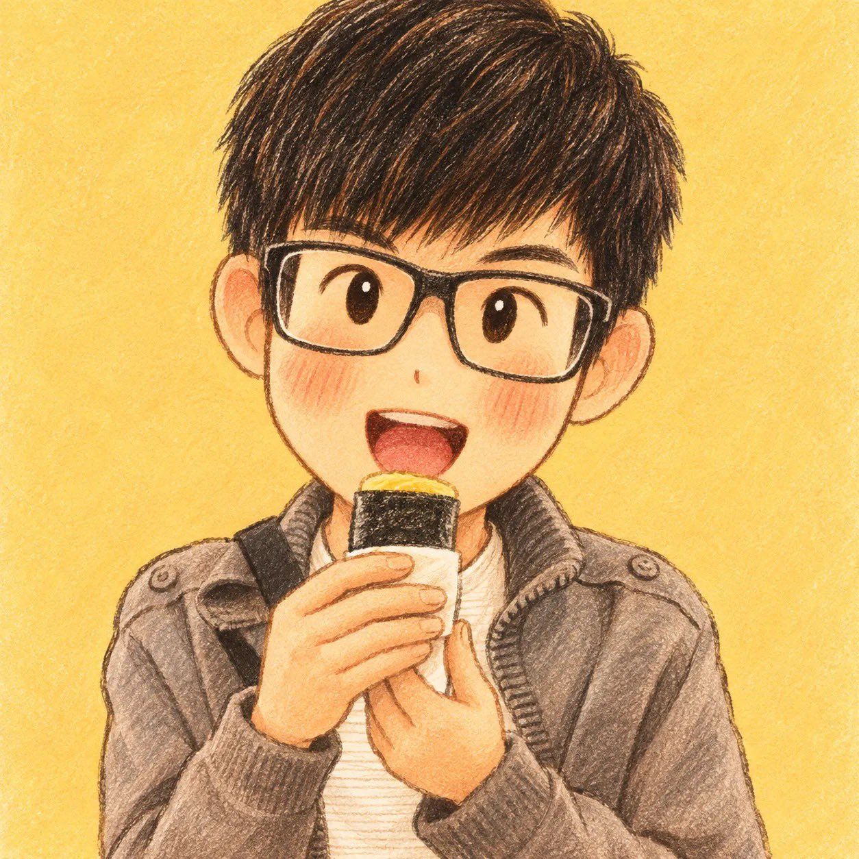 Hand-drawn children’s storybook portrait of a dark-haired boy with black glasses holding an onigiri against a warm mustard background