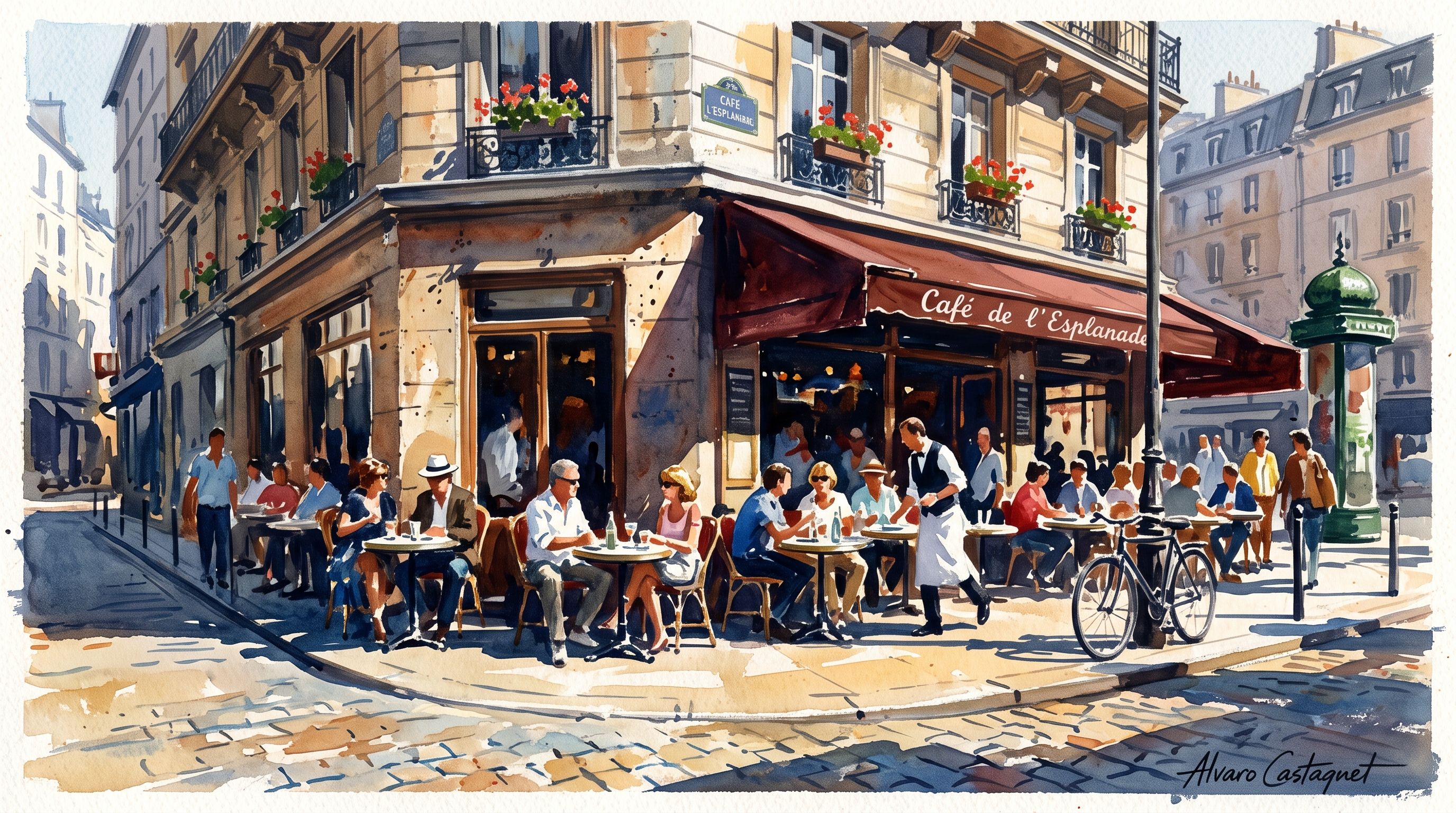 Sun-drenched Paris cafe terrace filled with patrons in an expressive opaque-watercolor painting