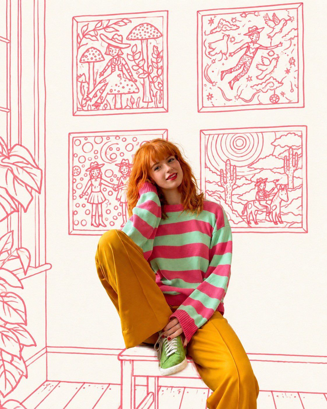 Photoreal red-haired woman in a pink-and-green striped sweater seated in a room drawn with coral-pink outlines