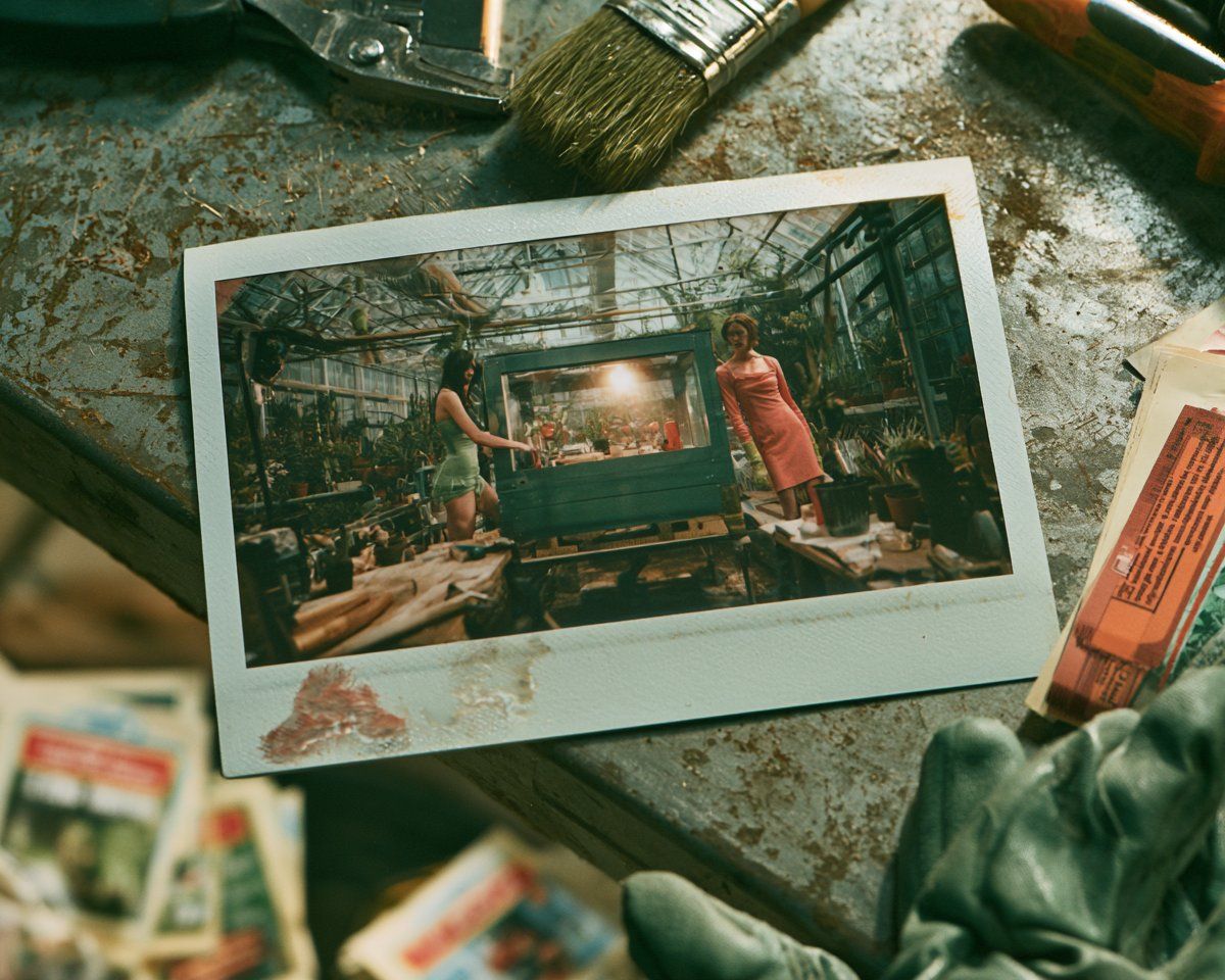 Instant-camera print on a scratched workbench showing two elegantly dressed adults beside a monumental marble bathtub inside a working greenhouse