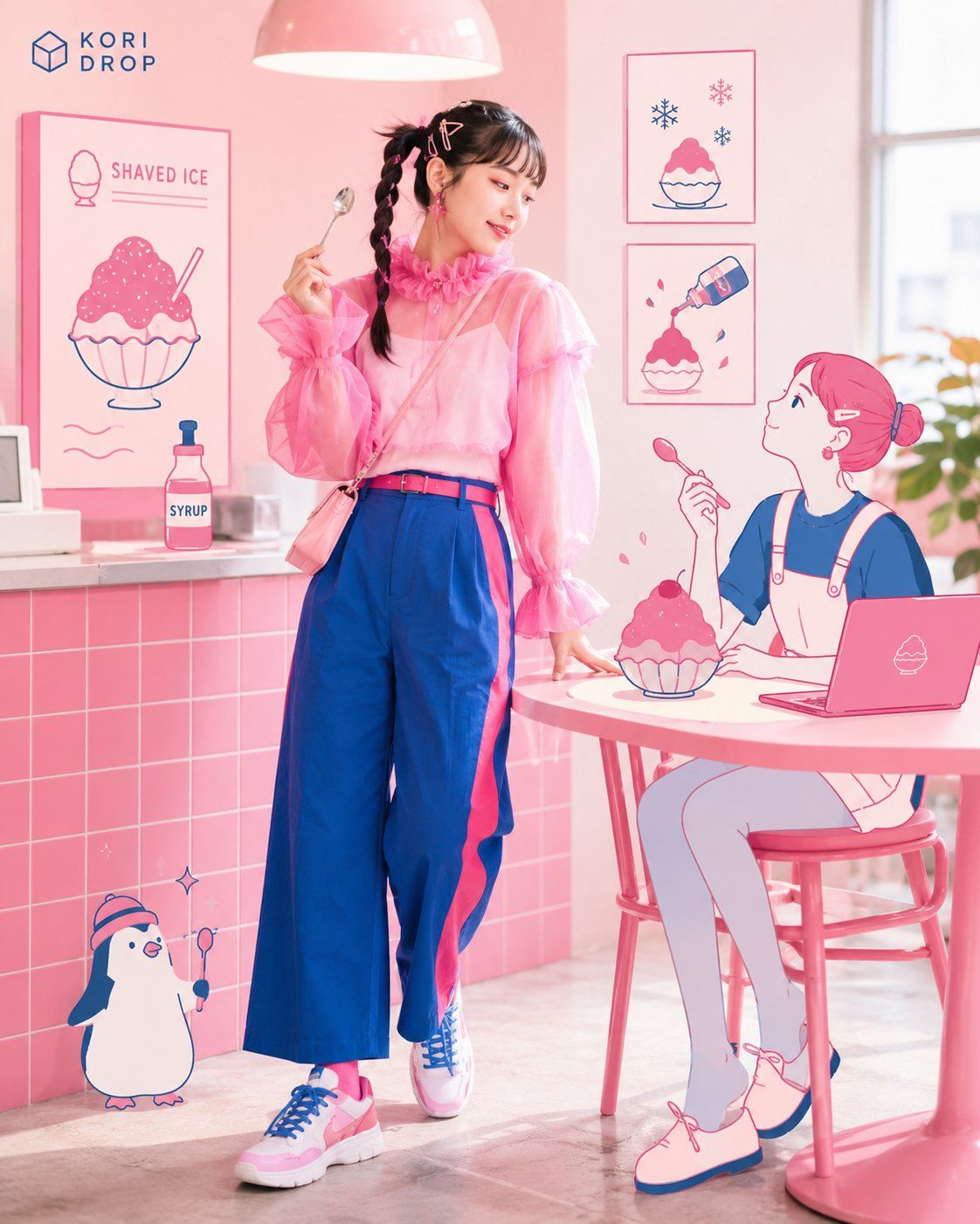 Pink shaved-ice fashion advertisement integrating a live-action model with flat editorial characters and illustrated props