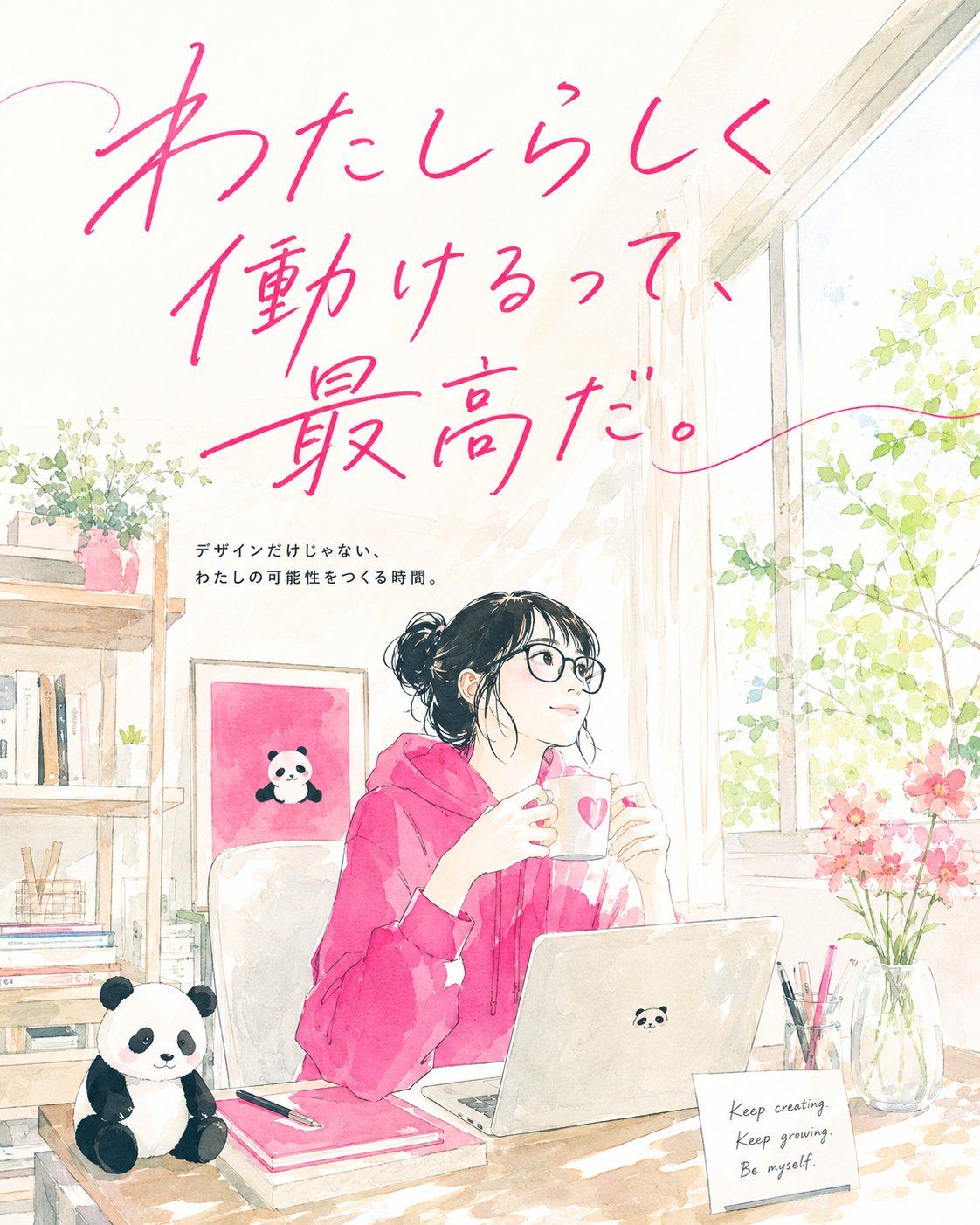 Watercolor lifestyle poster of a woman in a pink hoodie working by a bright window with a laptop and creative tools