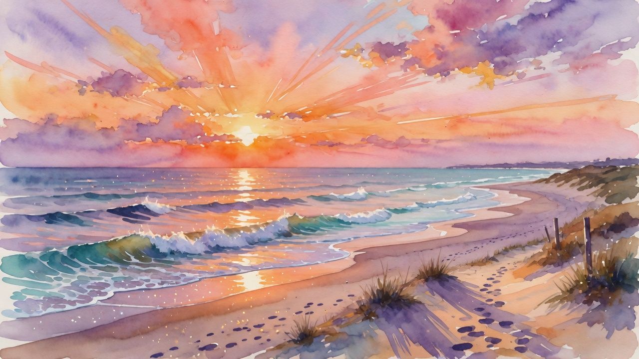 Luminous watercolor beach sunset with violet clouds, turquoise waves, and glowing reflections
