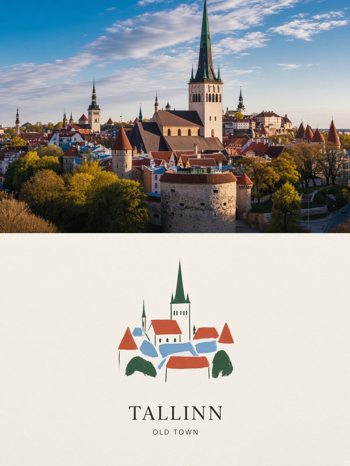 Split editorial poster pairing a photograph of Tallinn Old Town with a small hand-painted city illustration on textured off-white paper