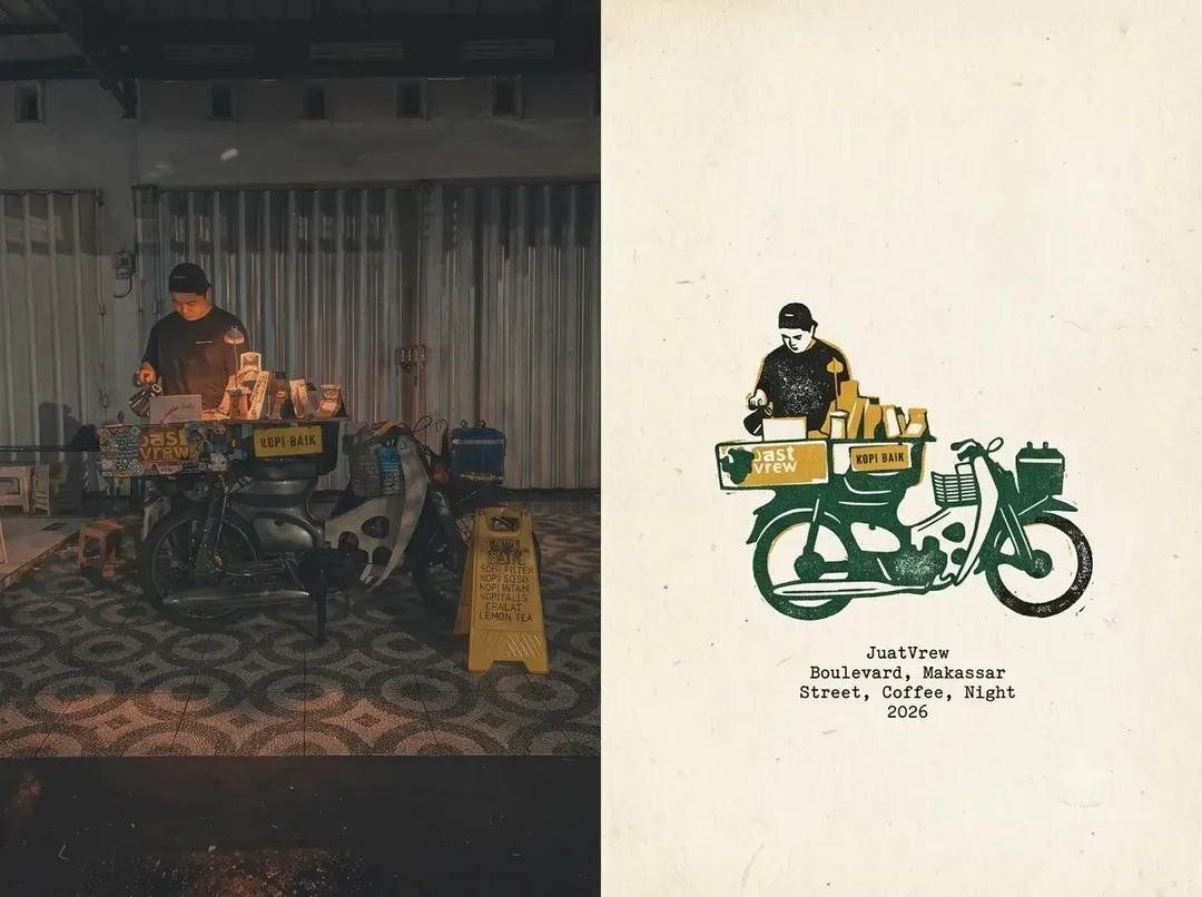 Makassar motorcycle coffee cart photograph paired with a handmade travel-journal illustration