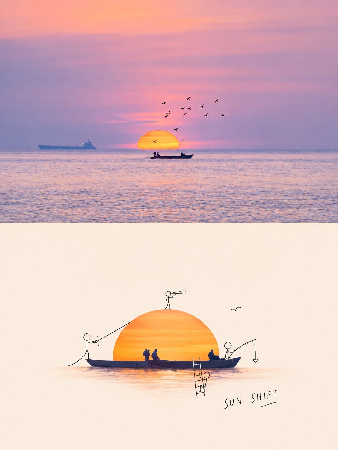 Split editorial poster with a pink sunset boat photograph above and miniature doodle figures interacting with the sun and boat below