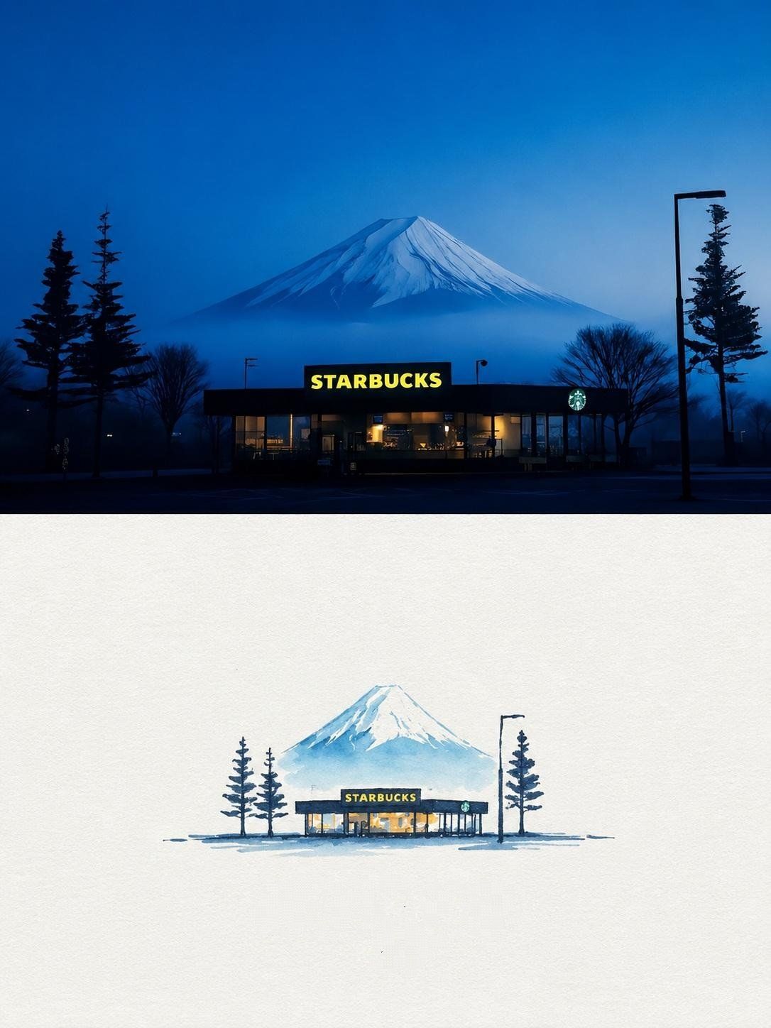 Snowy Starbucks and Mount Fuji photograph paired with a delicate blue watercolor travel illustration