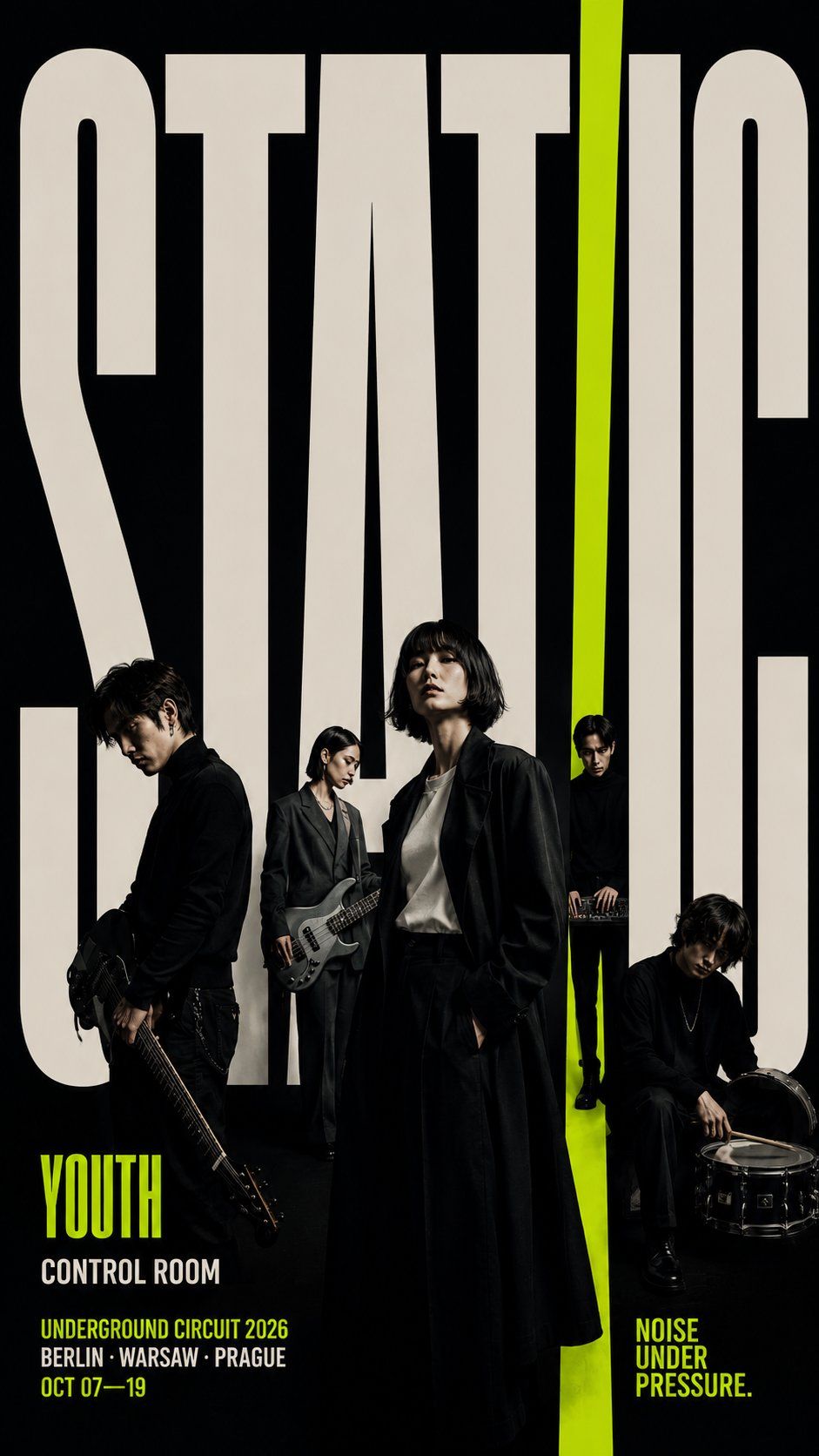 Black band poster with five musicians layered through oversized white STATIC YOUTH typography and a neon green accent