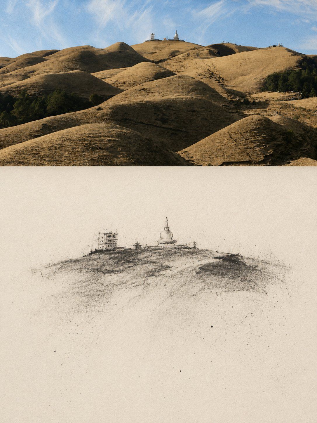 Travel poster pairing sunlit rolling hills with a sparse vanishing charcoal memory sketch of the hilltop structures