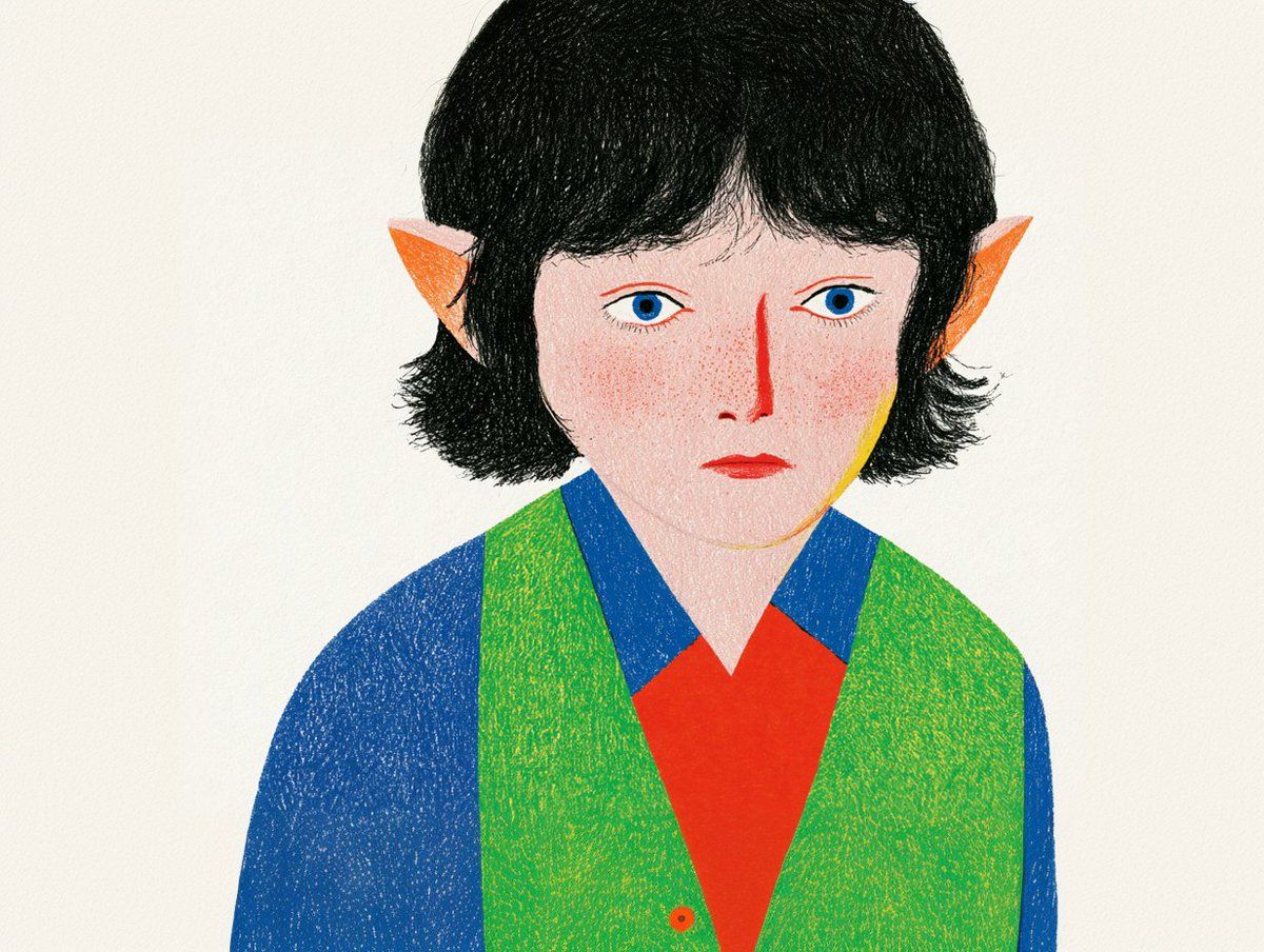 Colored-pencil portrait of a black-haired elf in a green vest with vivid primary colors