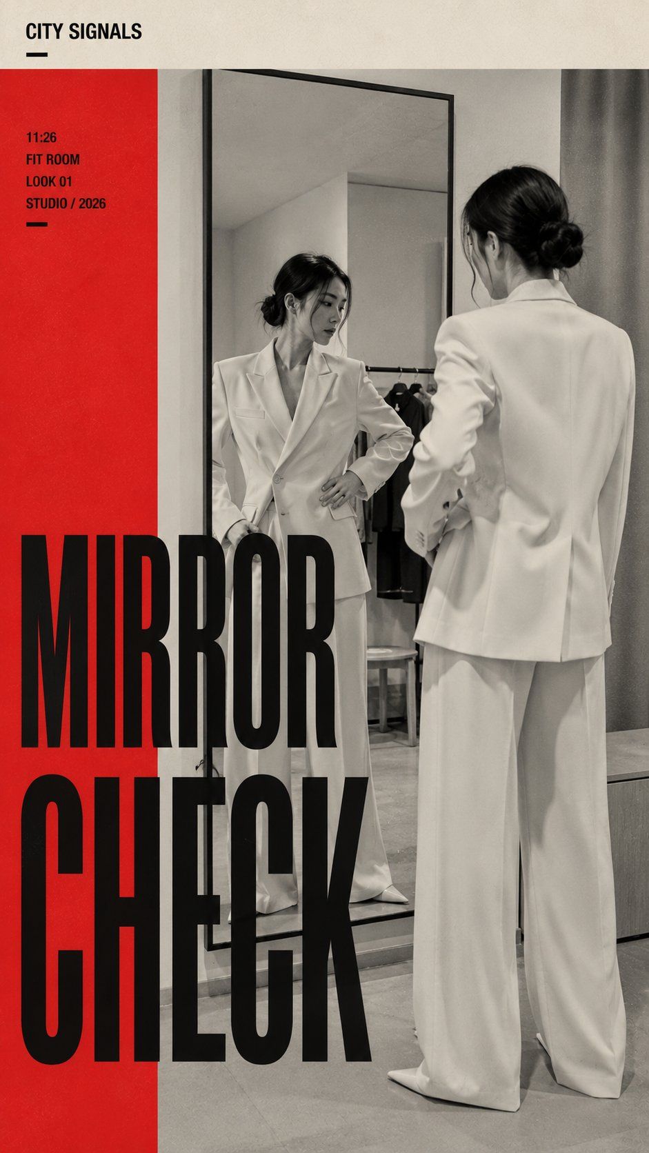 Black-and-white fashion editorial poster of a woman checking a white suit in a mirror with a saturated red panel and oversized MIRROR CHECK typography