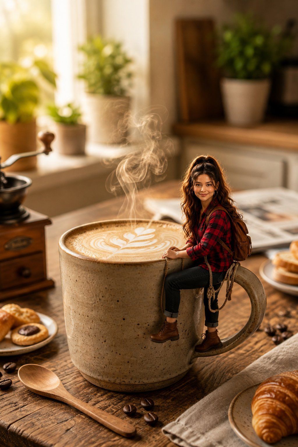 Miniature young woman sitting on the handle of a giant steaming coffee cup in a warm kitchen