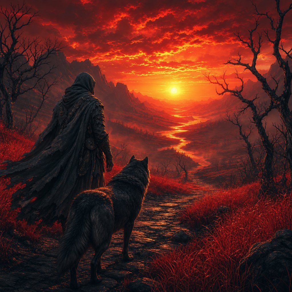 Cloaked traveler and black wolf overlooking a fiery crimson valley at sunset